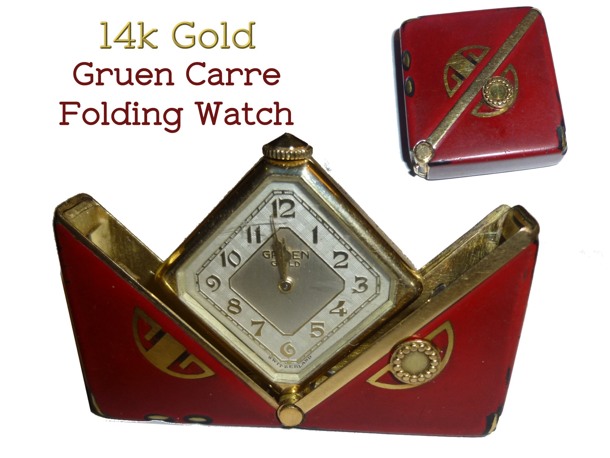 14k GOLD Art Deco 1930s Gruen Carre Folding Travel, Pocket