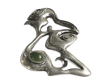 Vintage Handmade Abstract 4" Silver Biomorphic Sculptural Object with Jade Green Cabochon. For Repurpose.