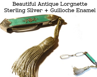 Antique Sterling Silver Lorgnette.  Soft Green Guilloche Enamel.  Marked STERLING. Vintage Folding Reading Glasses, Eyewear.