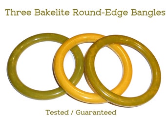 A Trio of Yellow and Green Super Rounded Bakelite Bangles.  Pretty Earthtones. 3 Vintage Bracelets. Vintage USA