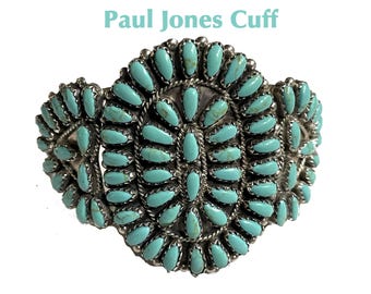 Native American Silversmith Paul Jones Petit Point Cuff. Arizona Kingman Turquoise. 1980s. Medium Wrist. 28g