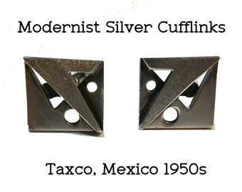 Vintage Modernist Sterling Silver Cufflinks, Taxco Mexico, 1950s