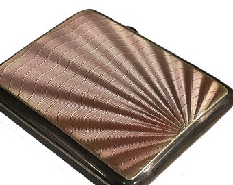 Vintage English Sterling Silver Cigarette Case, Guilloche Pink Sunburst Enamel.  Dated 1938 Birmingham, England, Made by Joseph Gloster Ltd