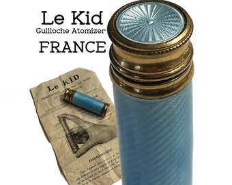 Blue Guillouche Enamel LE KID Perfume Atomizer Made in France. Telescoping. Paper Insert, Saks Fifth Ave Box. Vintage Circa 1940s.