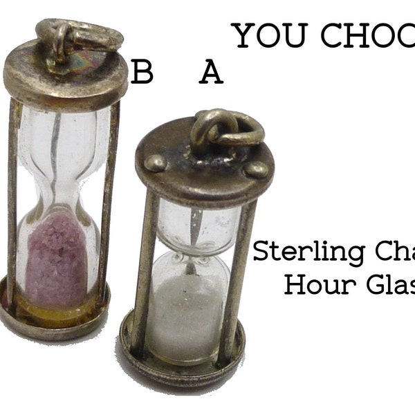 Vintage Sterling Silver Hour Glass Charm. Sand Moves. Marked Sterling. A-White Sand Beau Sterling. OR  B-Pink Sand IBB Sterling