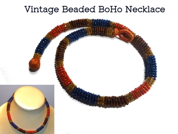 Vintage BOHO Beaded Choker Necklace. Blue, Orange… - image 1