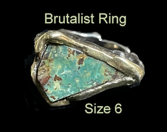 Vintage Mid Century Brutalist Turquoise Ring, 10k Gold & Silver (tested), Artisan Studio Statement Ring, Size 6