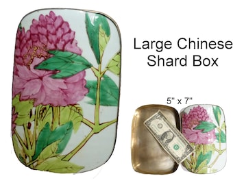 Large Chinese Shard Box. Vintage Made from Antique Porcelain Shard and Metal. 5" by 7". Pretty Pinks and Greens.