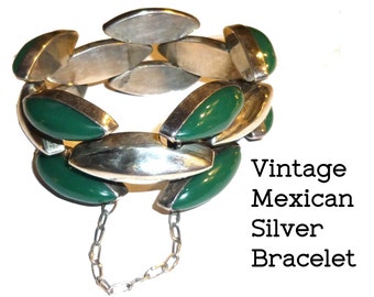 Vintage Mexican Sterling Silver Bracelet, Green Cabochons, 1940s Modernist