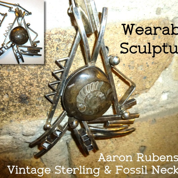 Aaron Rubenstein Wearable Sculpture Necklace. Sterling & Ammonoid Fossil. Vintage Statement Jewelry. Signed. Dated. 1995. Hand Wrought