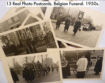 13 Real Photo Postcards. Belgian Funeral. 1950s. Casket, Priests, Mourners, Horse Drawn Coffin Carriage.