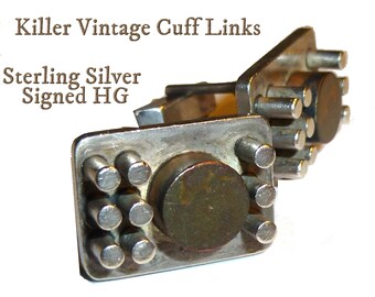 Vintage Brutalist Sterling Silver Cufflinks, Signed HG Wearable Sculpture