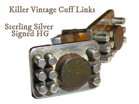 Brutalist Cuff Links. Vintage Sterling Silver Han… - image 1