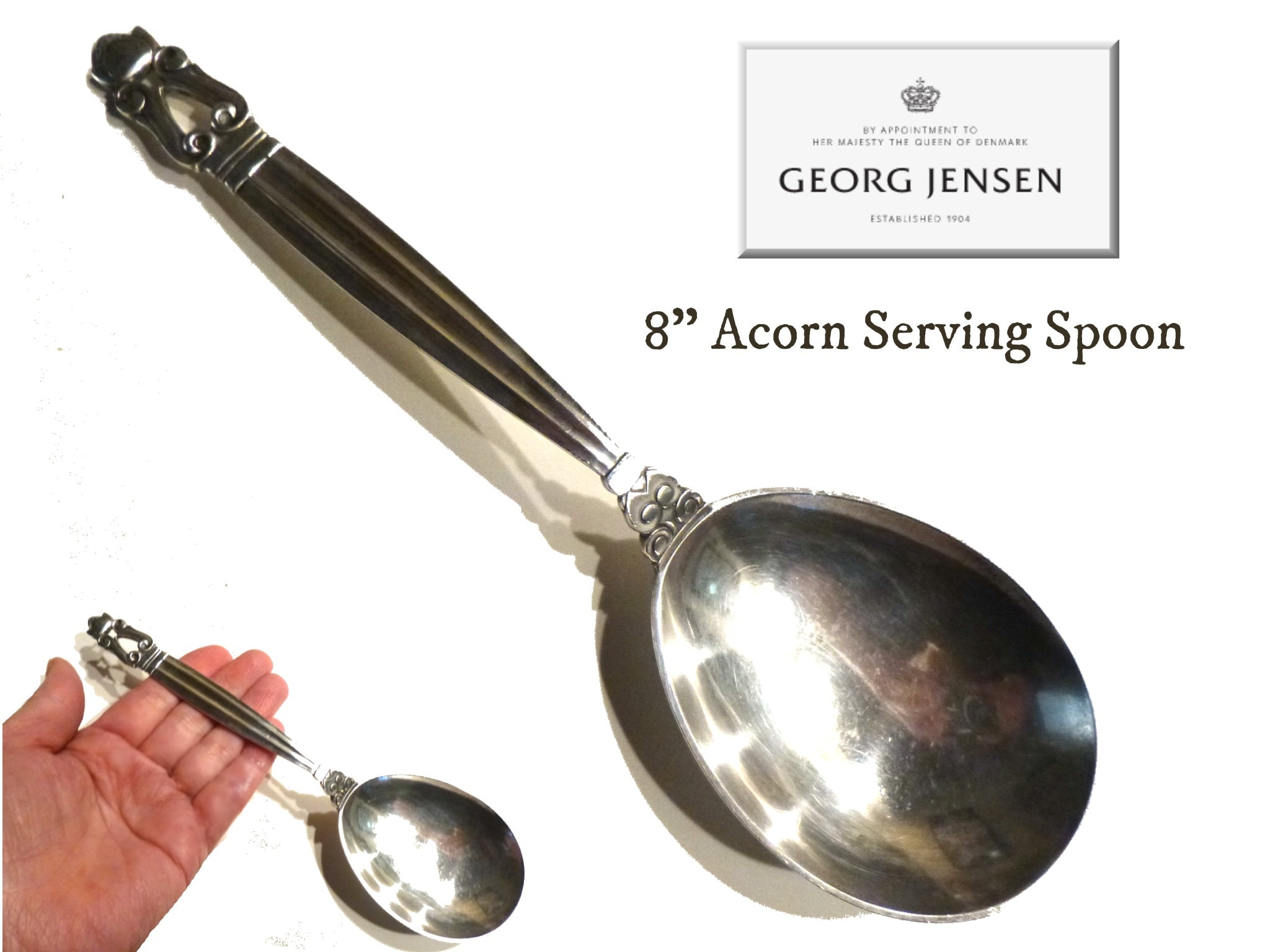 Vintage Georg Jensen Acorn Sterling Silver Serving Spoon, Denmark 