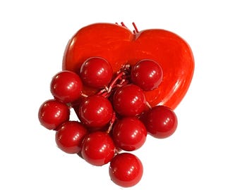 Vintage Bakelite Heart Brooch with Dangling Cherries.Bright Red Pin, Circa 1940s.