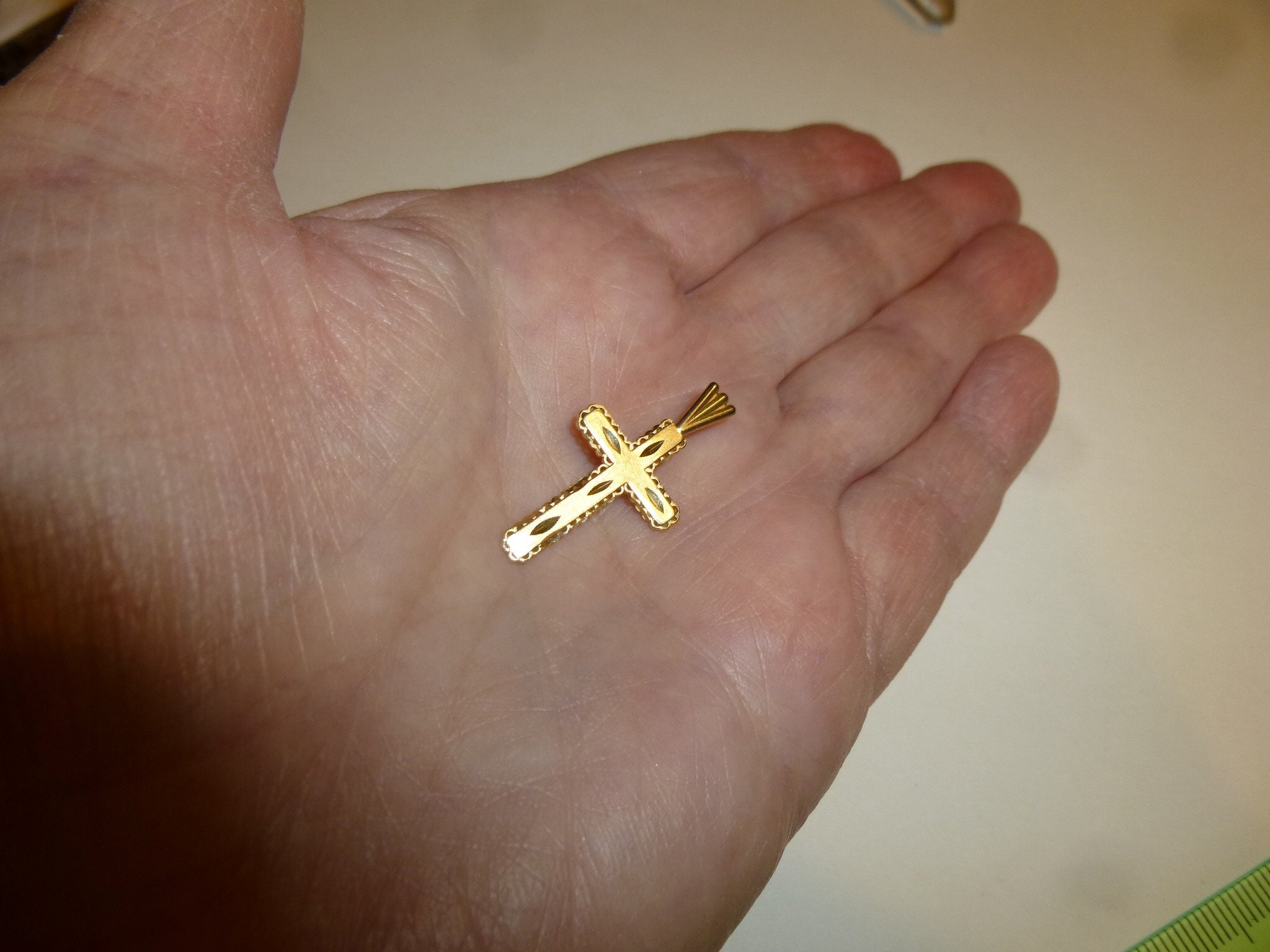 14k Gold Cross Pendant. Marked 14k and MA for Michael