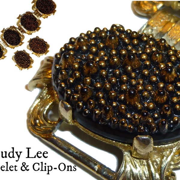 Judy Lee Bracelet and Clip On Earrings. Black and Gold Glass Jewelry Set. 1960s  Modernist, Outerspace, Organic Surface. Killer Vintage.