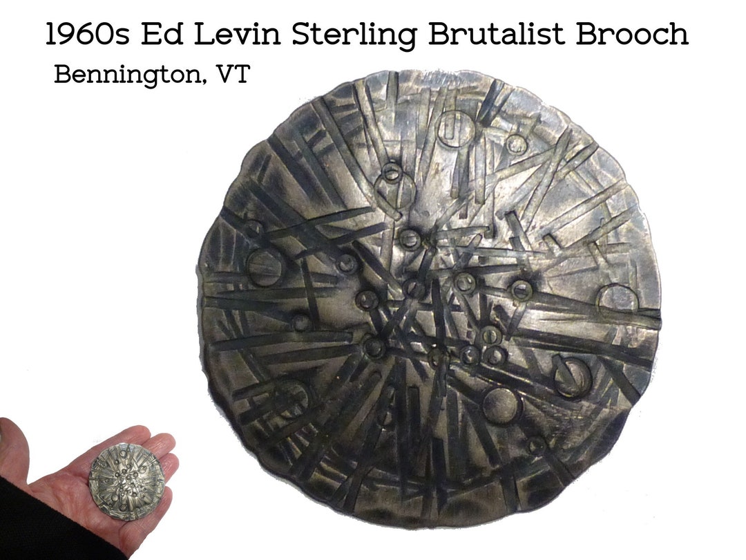 Ed Levin Brutalist Sterling Silver Shield Brooch, 1960s Medieval