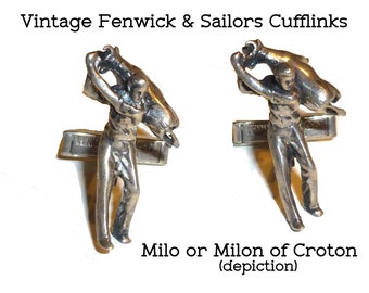 Fenwick & Sailors Cuff Links. "Milo of Croton" Ancient Greek Wrestler Carries Bull on Back. Sterling Silver Cufflinks. Hollywood 1950s