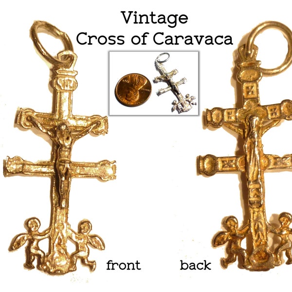 Cross of Caravaca. Tiny Vintage Crucifix showing Jesus and Angels. Caracava de la Cruz. Historical Christian lore charm, amulet, or talisman