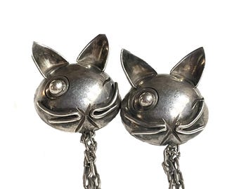 Vintage Hector Aguilar Sterling Silver Cat Sweater Guard Pin – Signed Taxco