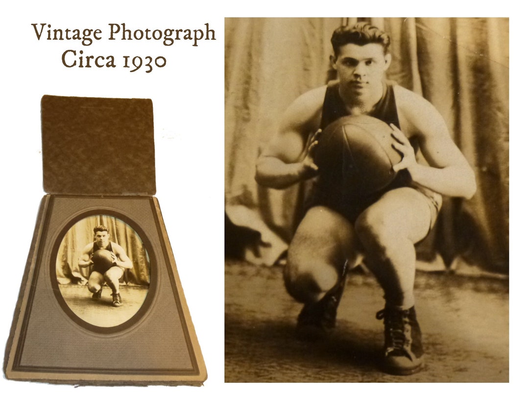 Early Basketball Player in Full Uniform With Ball. Circa 1930
