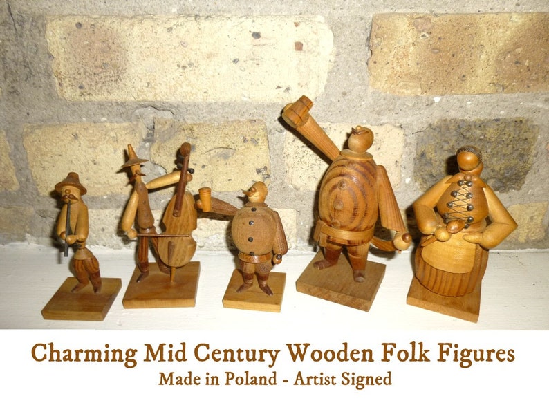 Polish Wooden Figures Five Vintage Wood Folk Art People From Image 0