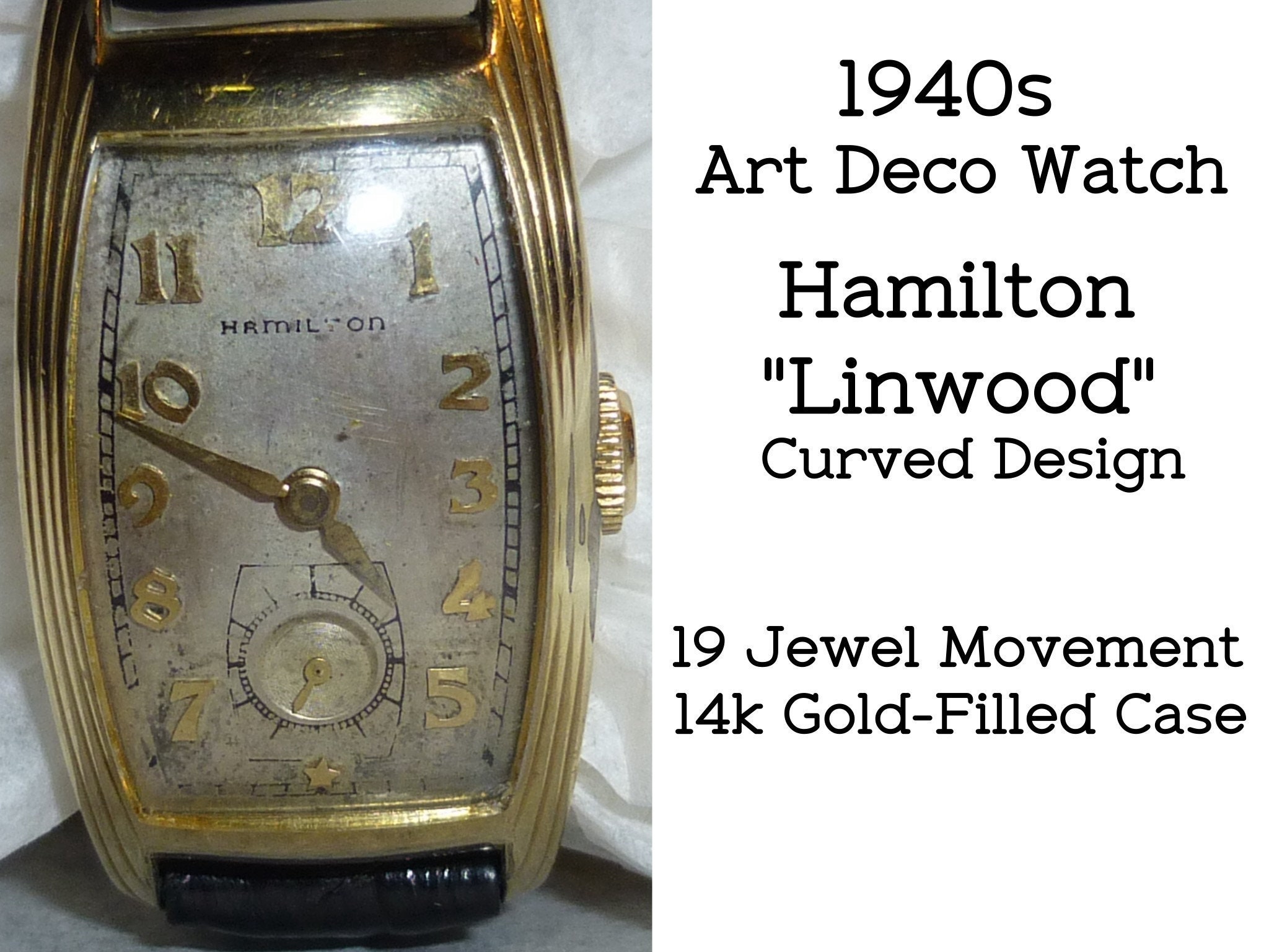 Early 1940s Hamilton linwood Curved Case. High Grade 19 Jewel