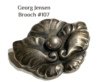 Vintage Georg Jensen Sterling Silver Pansy Brooch #107. Denmark. HEAVY TARNISH