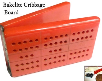Red Catalin Bakelite Folding Cribbage Board, Vintage 1940s with Dice