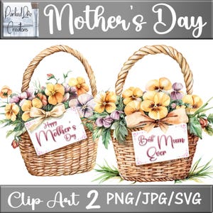 Conjunto de imágenes prediseñadas para el Día de la Madre en acuarela con canasta de flores como accesorios para tarjetas de felicitación, diseños descargables al instante, imágenes prediseñadas digitales, PNG