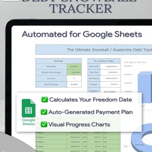 Könnte beinhalten: Ein digitaler Debt Snowball Tracker auf einem Tablet. Der Bildschirm zeigt eine Tabelle mit Finanzdaten, einschließlich Startdatum, Budget und Gesamtschulden in Euro. Mit automatischen Zahlungsplänen und Diagrammen. Sofortiger Download.