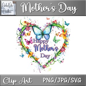 Aquarelle fleur coeur cadre avec texte de la fête des mères, clipart floral pour cartes et travaux manuels, PNG JPG SVG téléchargeable instantanément,