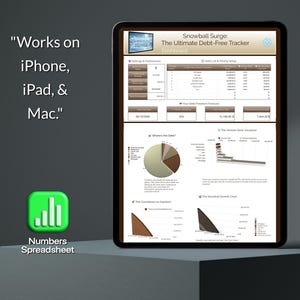 May include: A tablet displays a financial dashboard titled "Snowball Surge: The Ultimate Debt-Free Tracker." The screen shows charts, graphs, and data tables. Text on the screen includes "Works on iPhone, iPad, & Mac." A green icon with white bars reads "Numbers Spreadsheet."