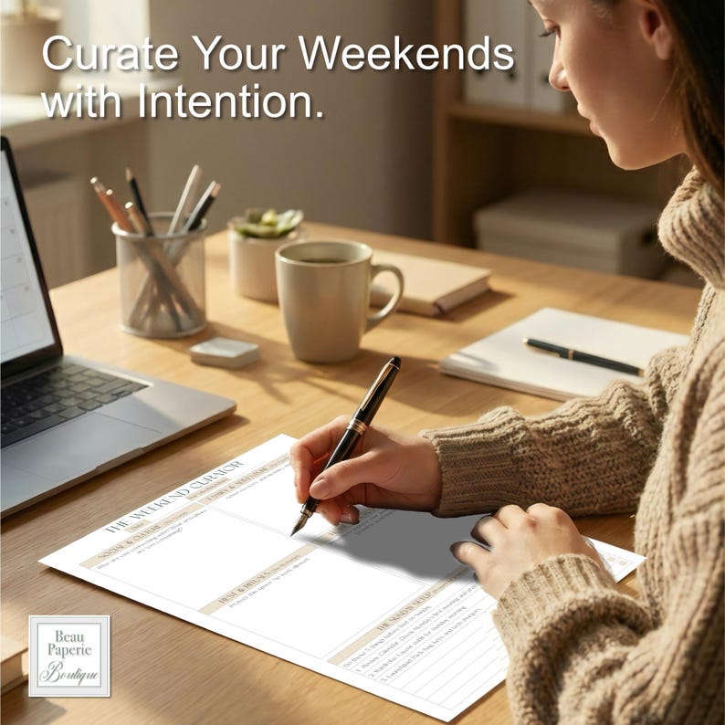 May include: A person writing on a "The Weekend Curator" planner with a pen. The planner is on a wooden desk with a laptop, coffee mug, and pencils. The text "Curate Your Weekends with Intention" is at the top. The Beau Paperie Boutique logo is in the bottom left.