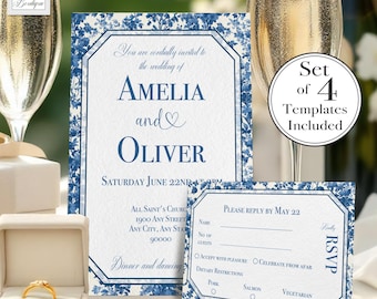 Wedding Invitation Set Printable French Toile Wedding Details Card Editable Blue Floral Toile Downloadable Custom Wedding RSVP QR Code Evite