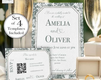 Wedding Invitation Suite Sage Green Toile Editable Floral Toile Invite Set Custom Green French Toile Downloadable Wedding Invite RSVP Card