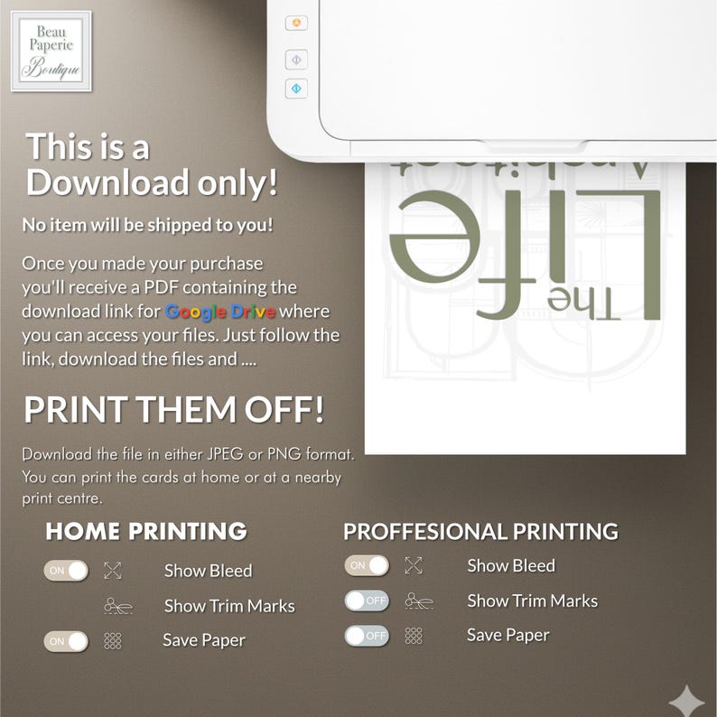 May include: A white printer printing a document with the word "Life" in a stylized font. The image includes text stating this is a digital download, with instructions for printing at home or professionally. The image also includes the logo of Beau Paperie Boutique.