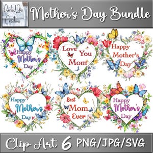 6 cadres coeur fleur aquarelle avec texte pour la fête des mères, clipart floral pour cartes, faire-part et travaux manuels, PNG JPG SVG téléchargeable instantanément