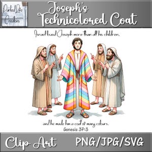 Illustrazione del mantello colorato di Giuseppe, versetto della Bibbia arte digitale in PNG, JPG, SVG, clip art cristiana scaricabile all'istante, grafica religiosa