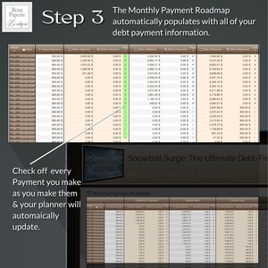 May include: A digital planner interface with a debt payment roadmap. Step 3 is highlighted, with text indicating automatic population of debt information. The planner includes sections for payment amounts, balances, and paid status.