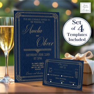 Wedding Invitation Set Art Deco Editable Wedding Invite Suite Gatsby Wedding RSVP Card Printable Wedding Details Card Instant Download Evite
