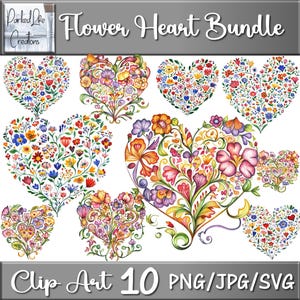Pacote de clipart de flores em aquarela em formato de coração, arte digital floral para artesanato, png para download instantâneo, jpg, svg, scrapbooking e pod