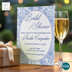 Bridal Shower Invitation Floral French Toile Editable Download Bachelorette Party Invite Dusty Blue Pattern Wedding Shower Editable Evite
