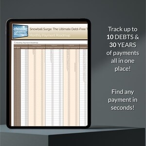 May include: A digital tablet displays a financial planning application. The screen shows a detailed spreadsheet labeled "Monthly Payment Roadmap." Text on the screen reads "Snowball Surge: The Ultimate Debt-Free." Additional text highlights features like tracking debts and finding payments.
