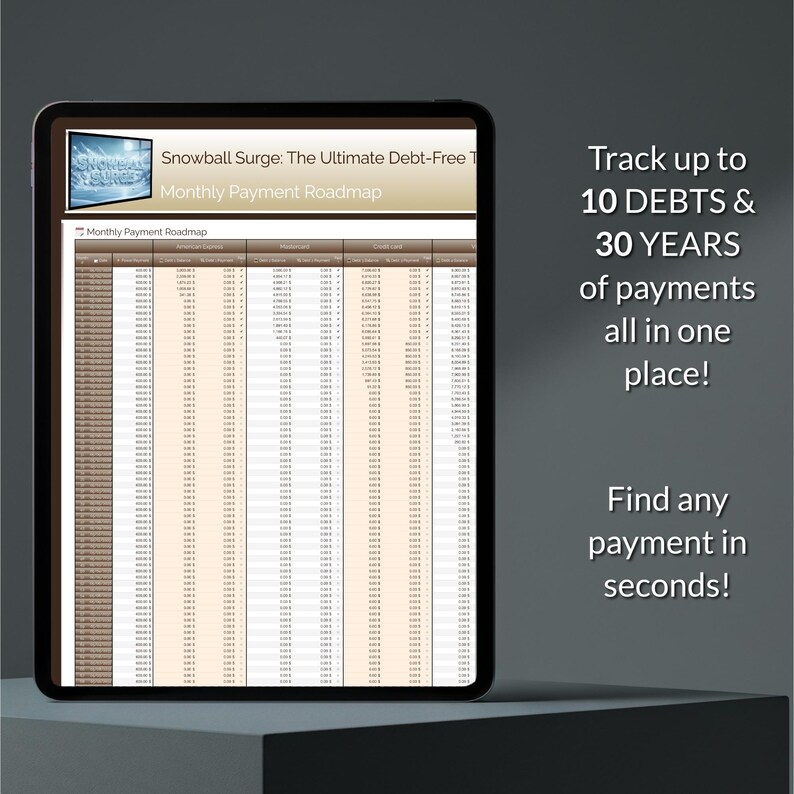 May include: A digital tablet displays a financial planning application. The screen shows a detailed spreadsheet labeled "Monthly Payment Roadmap." Text on the screen reads "Snowball Surge: The Ultimate Debt-Free." Additional text highlights features like tracking debts and finding payments.