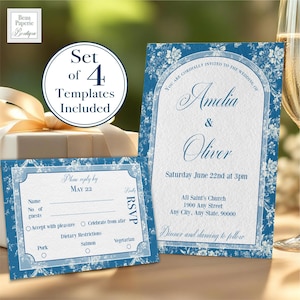 Elegant Wedding Invitation Custom Set French Toile Blue Wedding Invitation Suite Editable RSVP Card Dusty Blue Details Card Downloadable