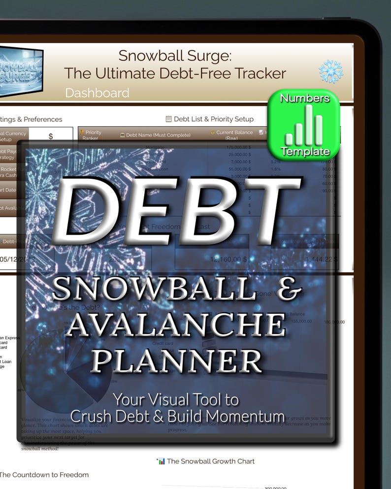 May include: A digital tablet displays a financial planning application. The app, titled "Snowball Surge," features a debt tracker with a dashboard, debt list, and priority setup. The interface includes the words "DEBT" and "SNOWBALL & AVALANCHE PLANNER."