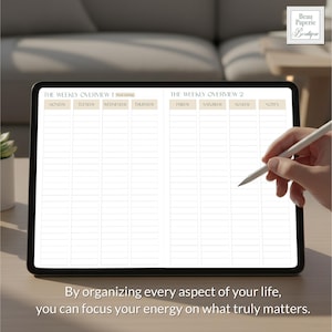 May include: A digital tablet displaying a weekly overview template, with sections for each day of the week. The text "THE WEEKLY OVERVIEW" is visible. A hand holds a stylus, poised over the screen. The image includes the text: "By organizing every aspect of your life, you can focus your energy on what truly matters."
