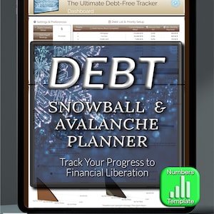May include: A digital tablet displays a debt tracker app. The app's interface features the words "DEBT SNOWBALL & AVALANCHE PLANNER" and "Track Your Progress to Financial Liberation." A green icon with the word "Template" is in the lower right corner.